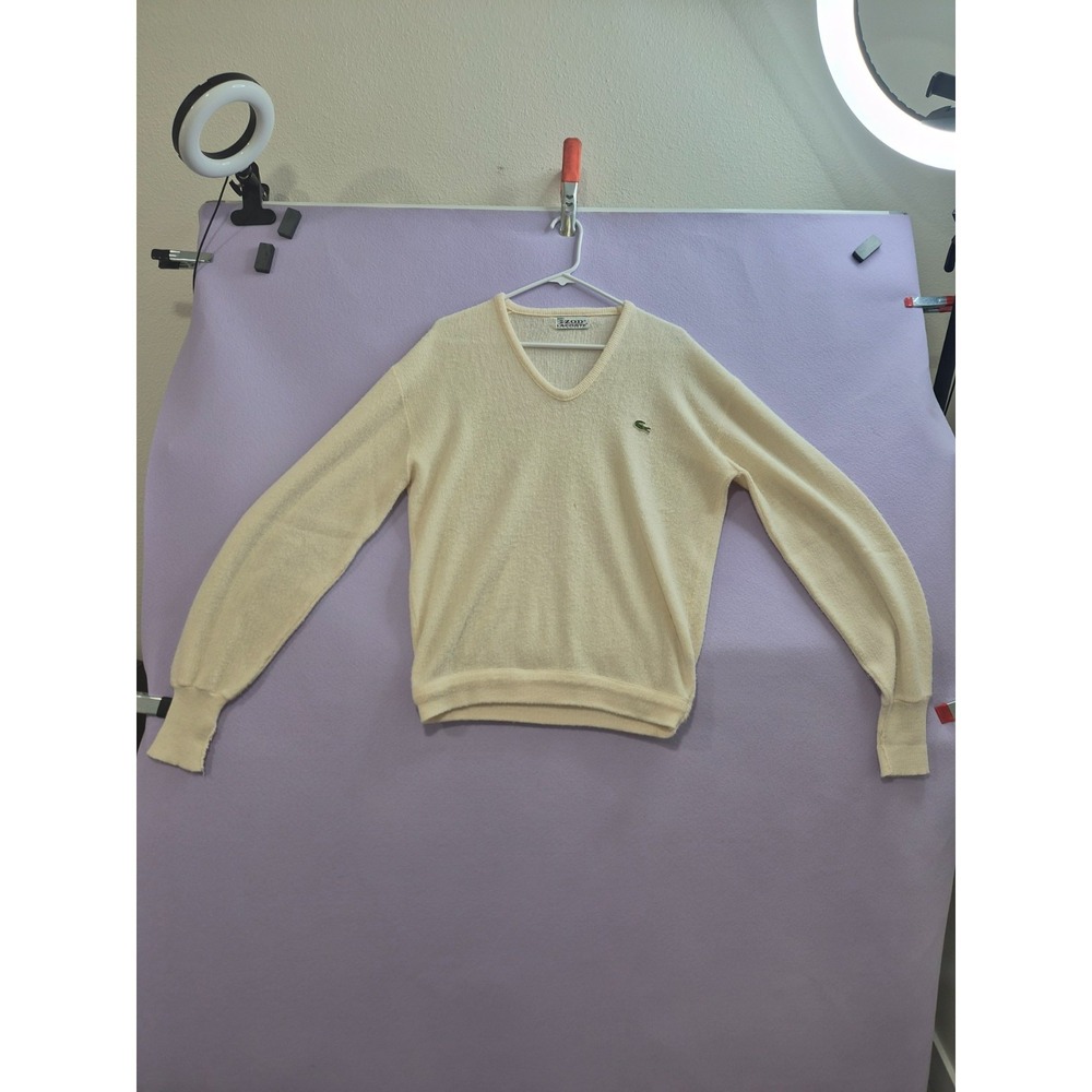 Vintage Izod Lacoste Sweater Mens Cream Knit V-Neck Warm Winter Outerwear